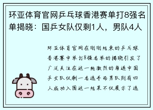 环亚体育官网乒乓球香港赛单打8强名单揭晓：国乒女队仅剩1人，男队4人入围的背后故事 - 副本